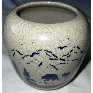 Clay Pottery Ikebana Flower Bowl Vase Mountain Theme With Bears And River